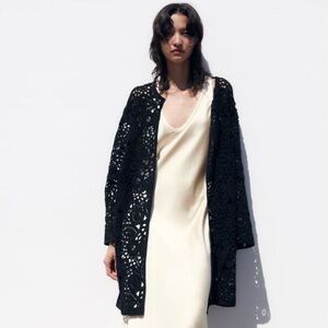 Zara Sz XS -S Macramé Knit Long Open Cardigan Black Crochet Oversized